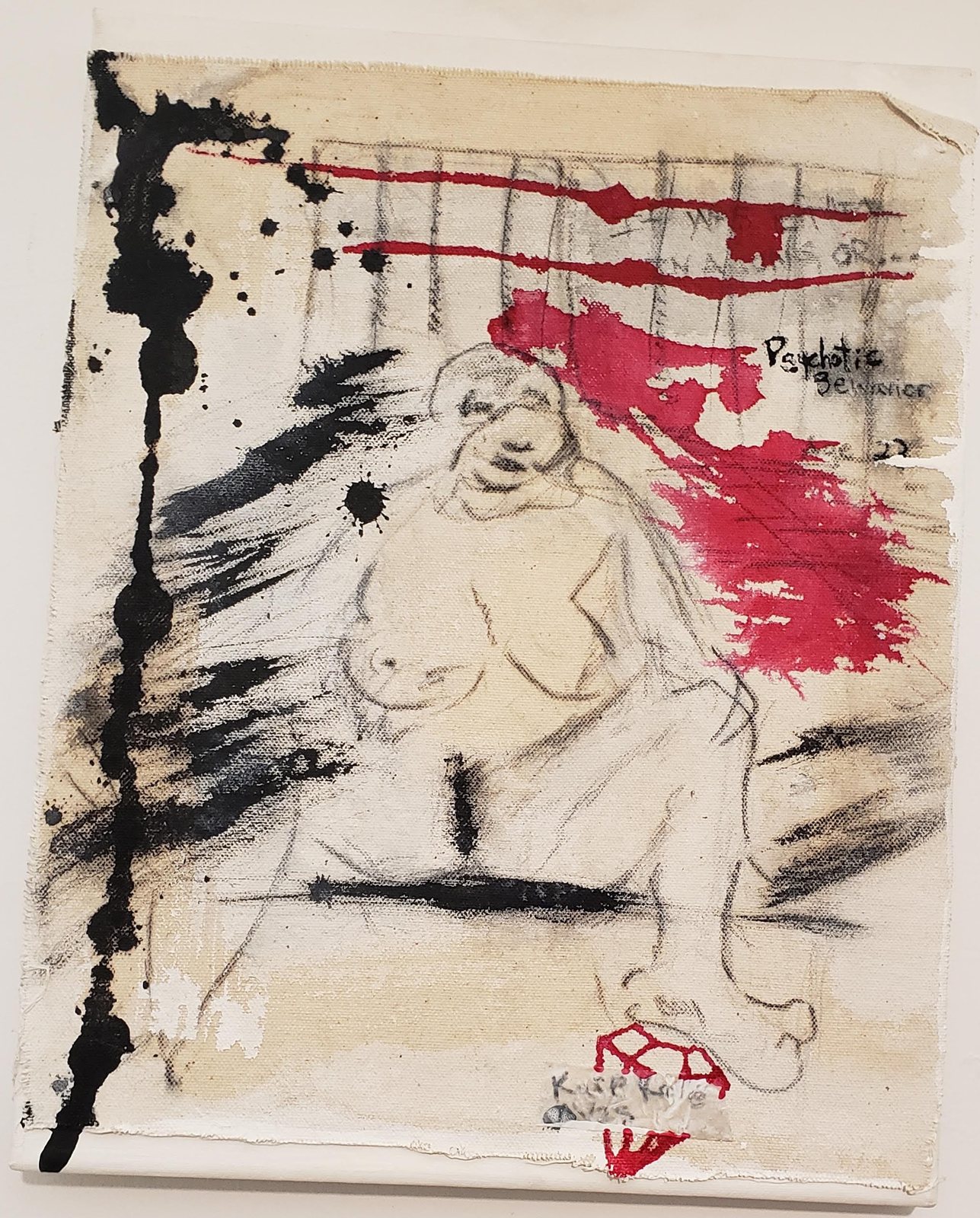 Oxtail and Tripe, charcoal and ink drawing of a seated nude figure with black and red splashes on canvas