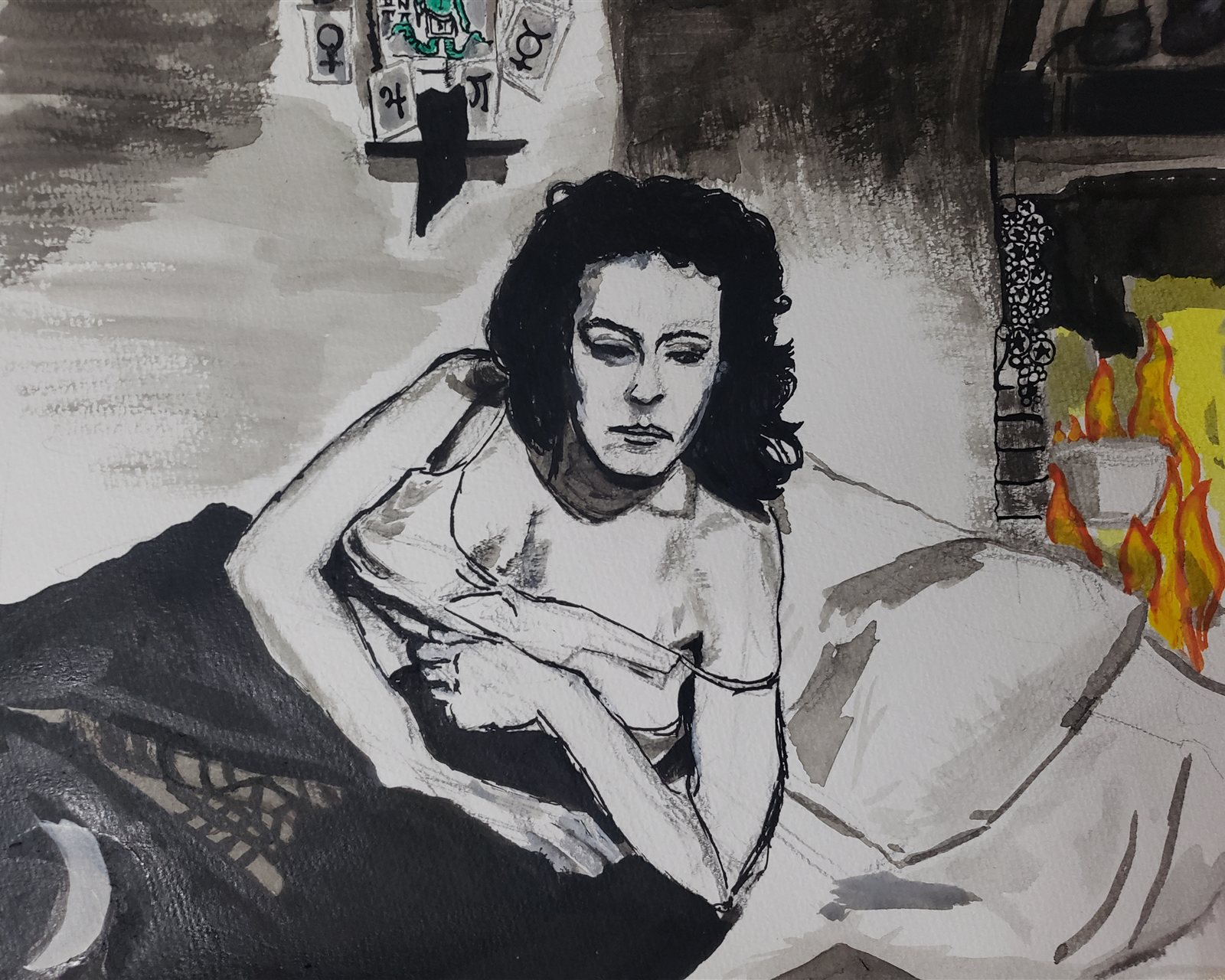 She Owns the Sun, Moon, and Stars, ink and watercolour of a woman resting in bed beside a fire