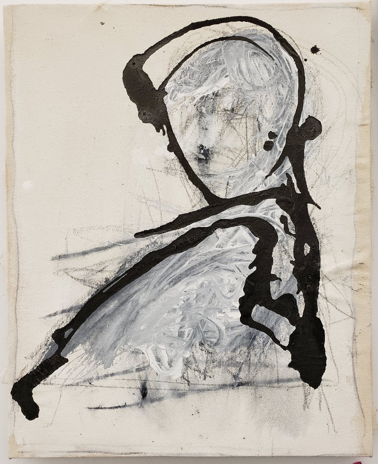 Sometimes I Disappear, black and white painting of a pale figure outlined in thick black strokes on raw canvas