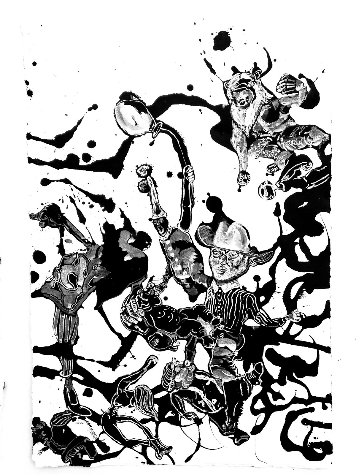 Untitled, black ink work of tumbling figures, a cowboy and a lion among splashes and drips